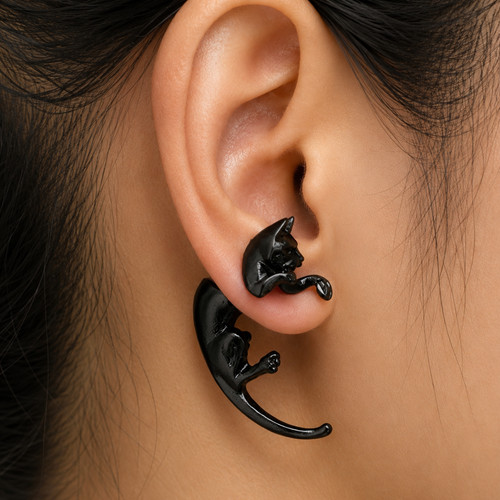 Black cat ear climber - cat, earrings
