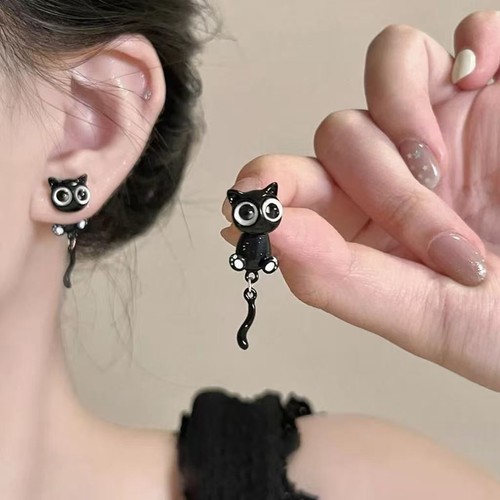 Black kitten earrings pair - black,